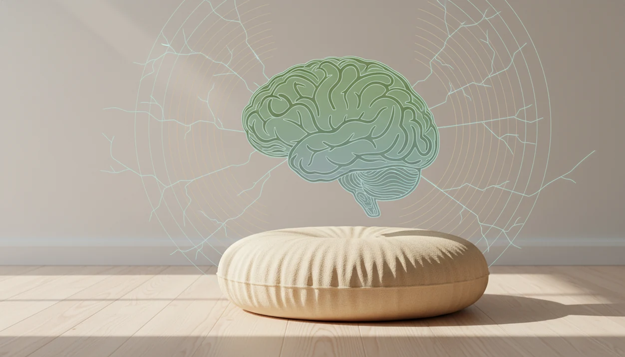 A calm illustration of a brain silhouette above a meditation cushion with subtle aging rings and neural patterns.