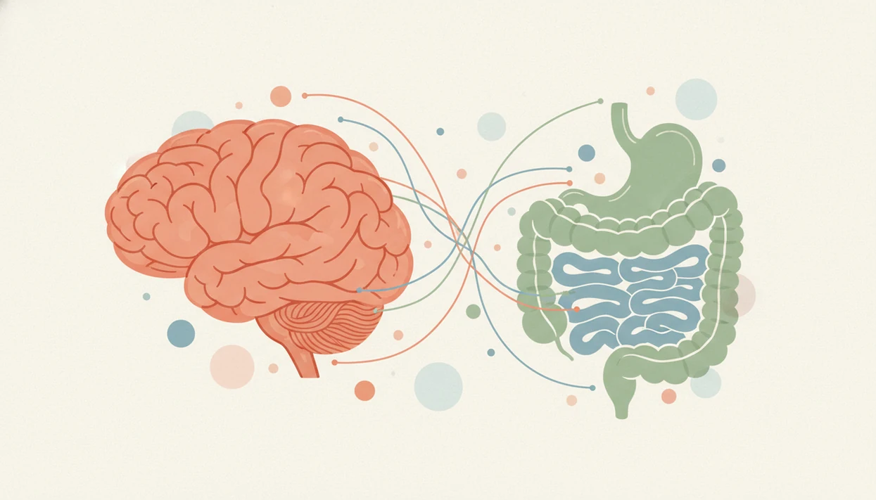 A calm illustration shows the brain and digestive system connected by soft flowing signal lines.