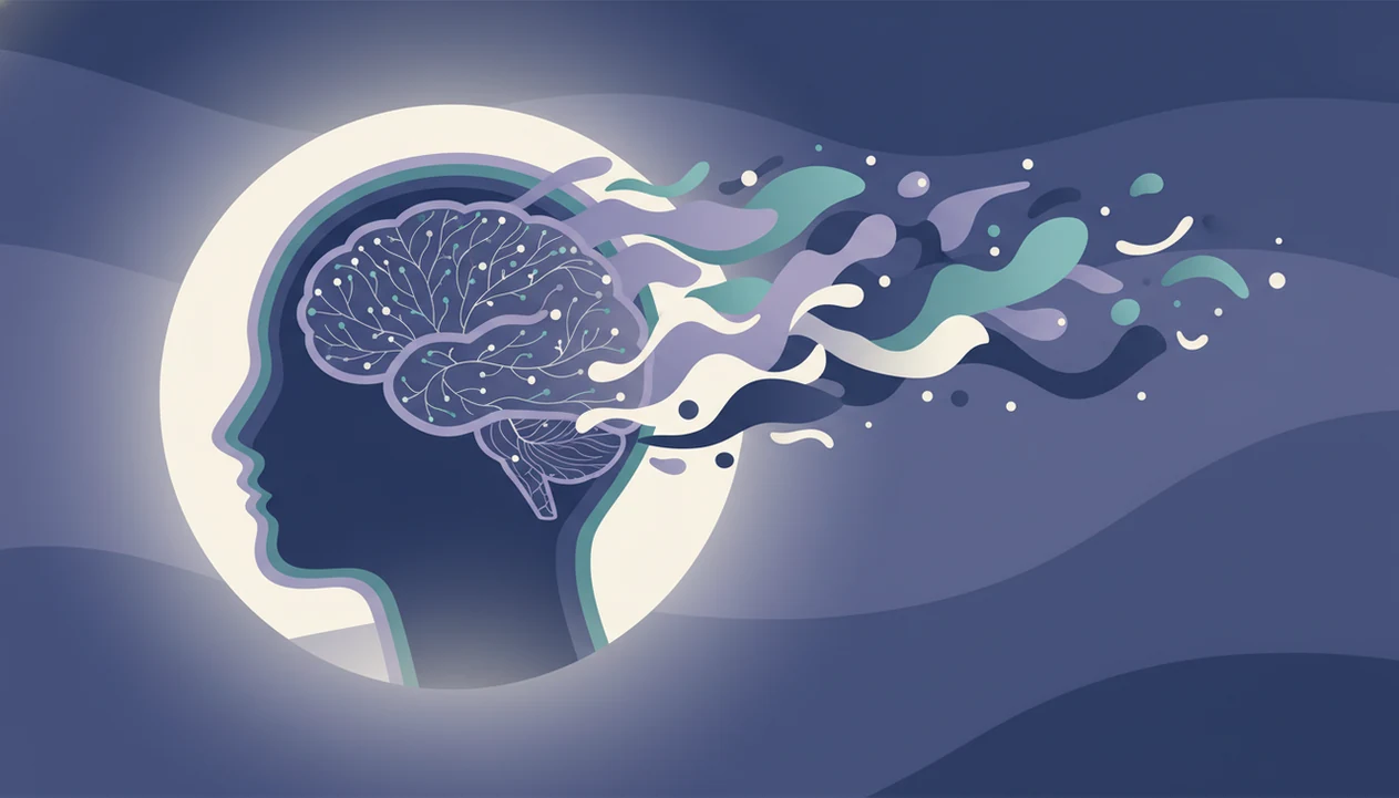 A calm abstract head illustration contrasts a neural brain network with flowing mind-like shapes.