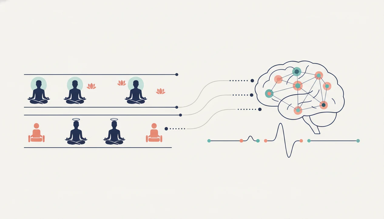A simple illustration links study groups, meditation icons, brain networks, and measurement lines.