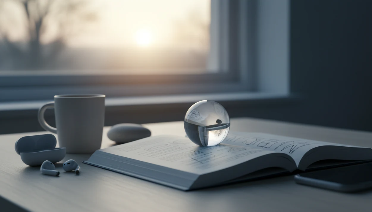 A calm desk with research papers, a stone, phone on the nightstand with sleep audio ready.