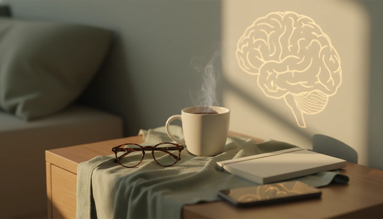 A calm bedside still life with glasses, tea, notebook, and brain-shaped morning light.