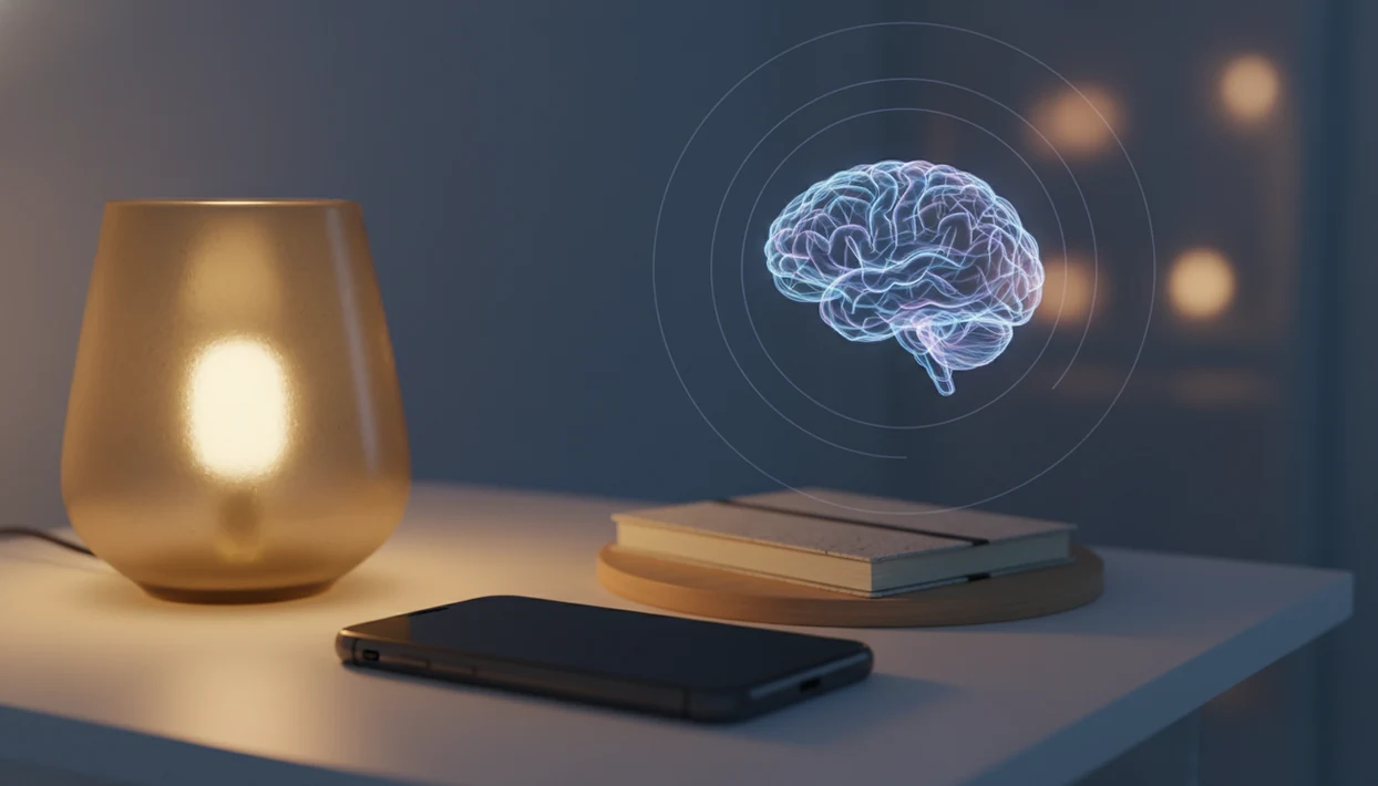 A calm bedside scene with soft light trails forming a brain shape above a phone and lamp.