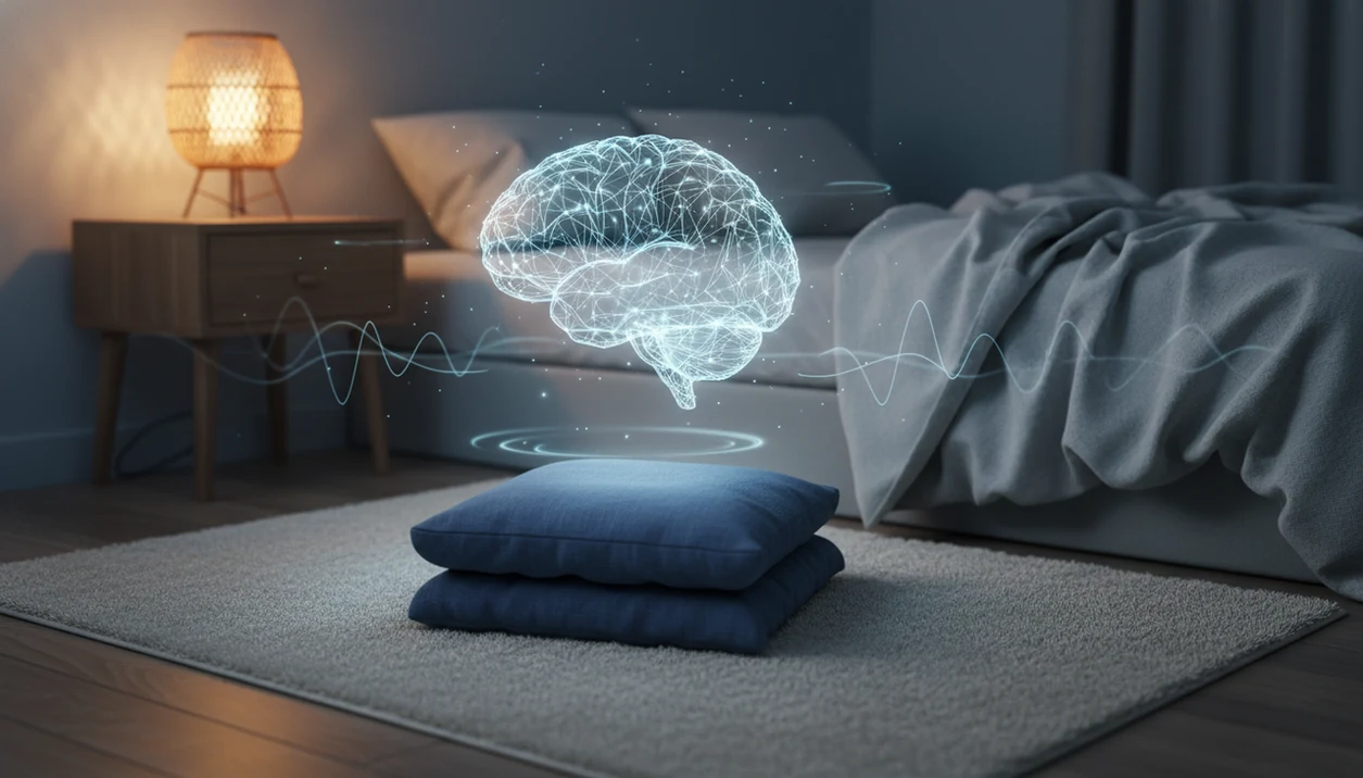 A calm bedroom with a meditation cushion and a soft glowing brain-shaped neural pattern above it.