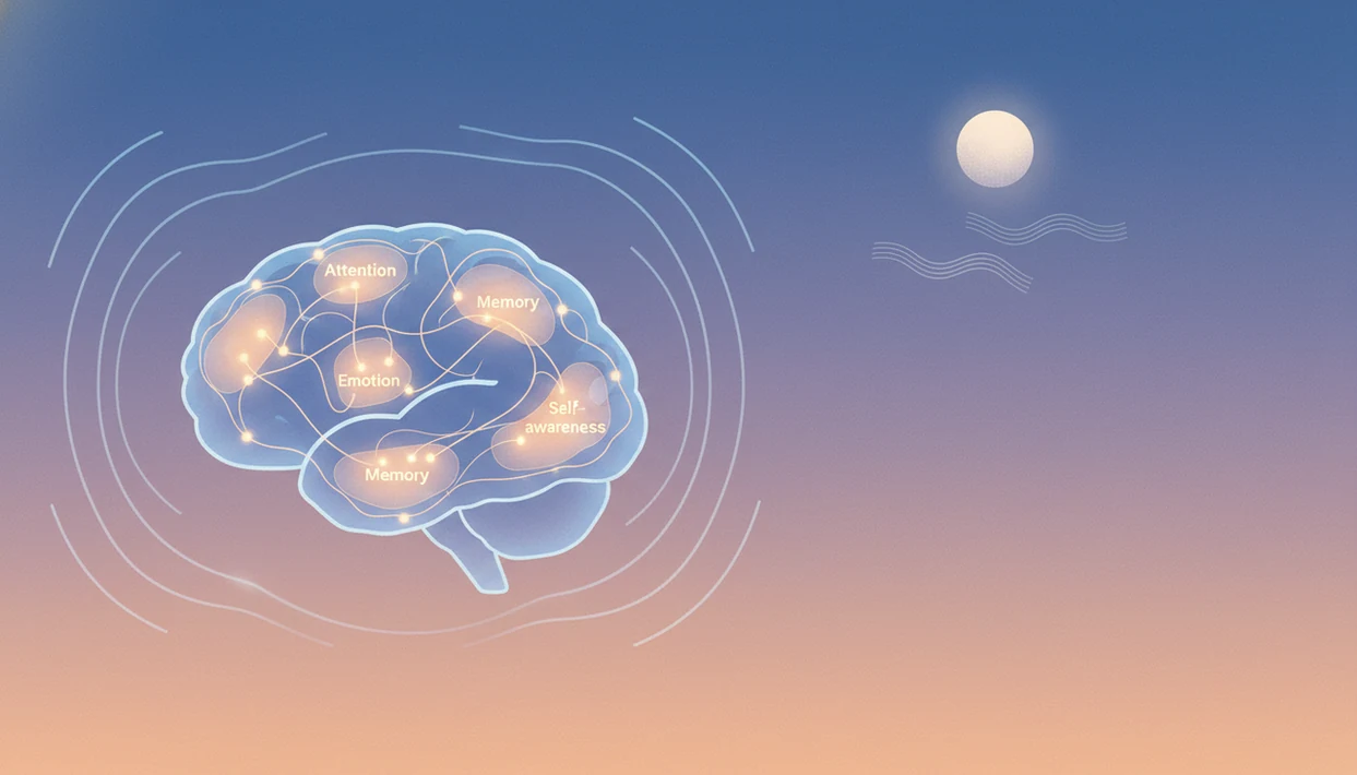 A calm brain illustration with glowing neural networks and breathing waves on a twilight background.