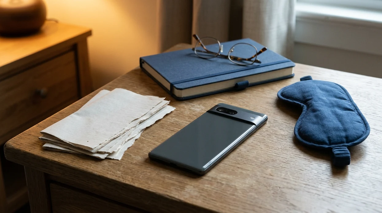 A phone, blank press clippings, glasses, and a sleep mask arranged on a calm bedside desk.