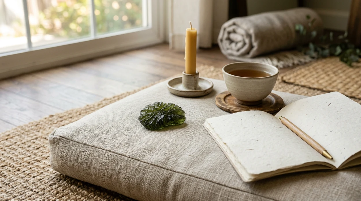A raw green moldavite stone rests with meditation objects on a calm linen cushion.