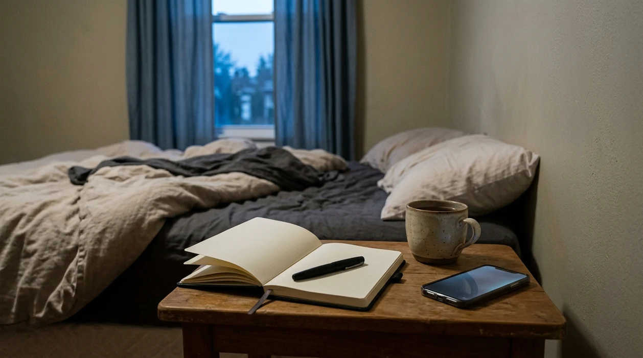 A quiet bedside table with a blank journal, pen, mug, and face-down phone in soft morning light.