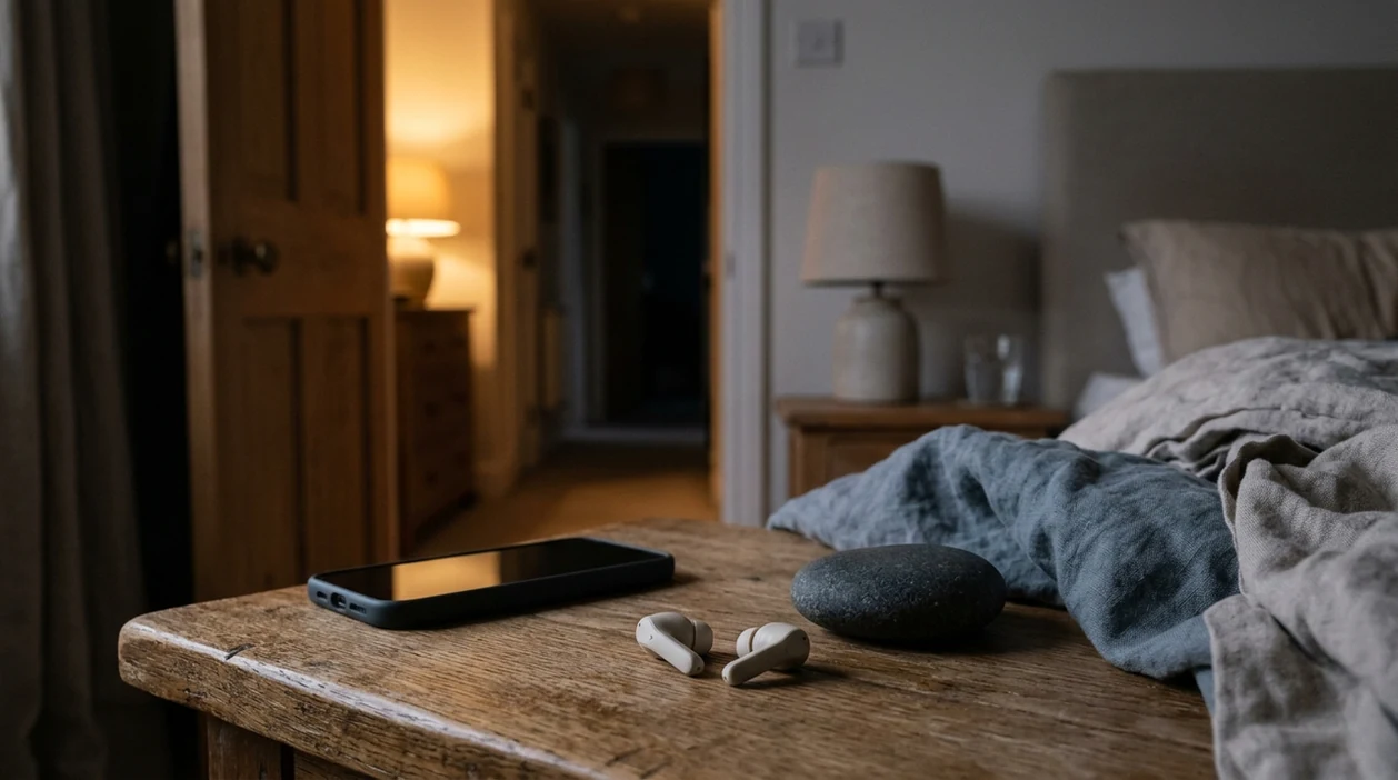 A calm bedside scene with sleep mask and phone on the nightstand.