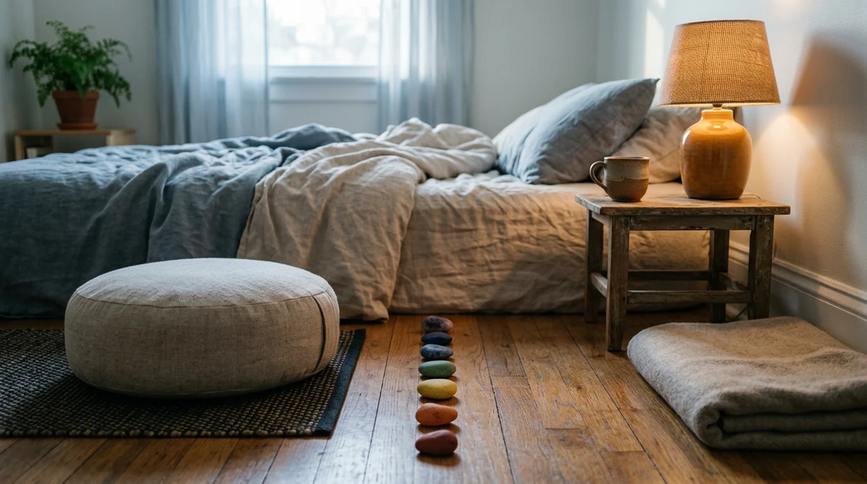 A calm bedroom meditation corner with a cushion and seven colored stones arranged for chakra affirmations.