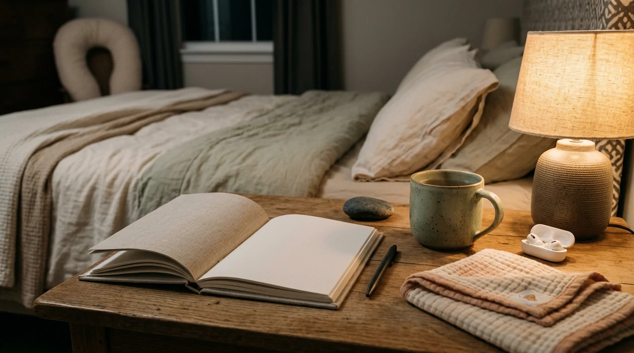 A calm bedside still life with a blank journal, tea, earbuds, and soft baby blanket for pregnancy relaxation.