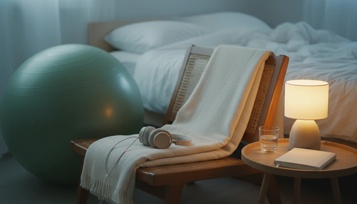 A calm bedroom corner with headphones, blanket, water, and a birth ball for breathing practice.