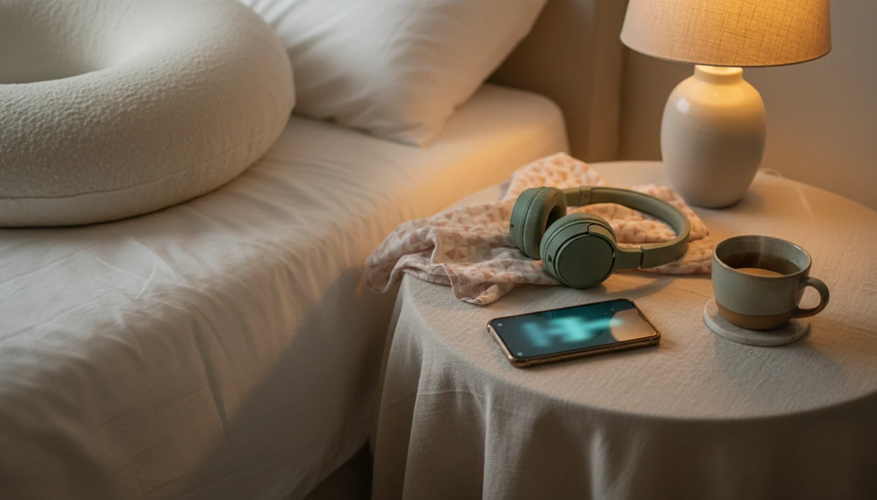 A calm bedside setup with a phone, headphones, tea, blanket, and pregnancy pillow in warm evening light.