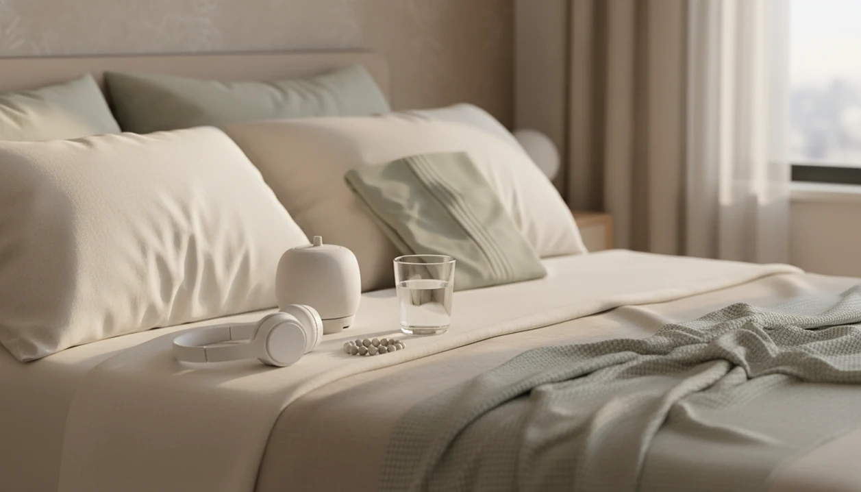 A calm bedside meditation setup with pillows, headphones, water, and soft morning light.