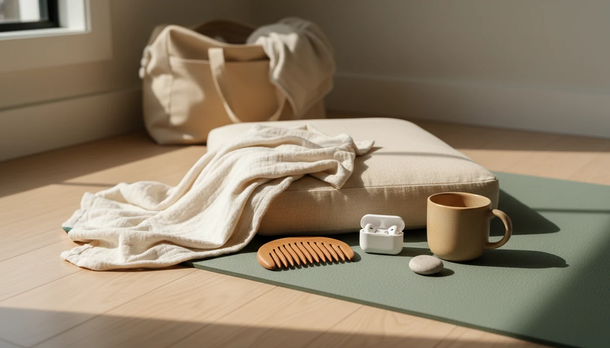 A calm prenatal practice setup with a yoga mat, blanket, sleep mask and phone on the nightstand.