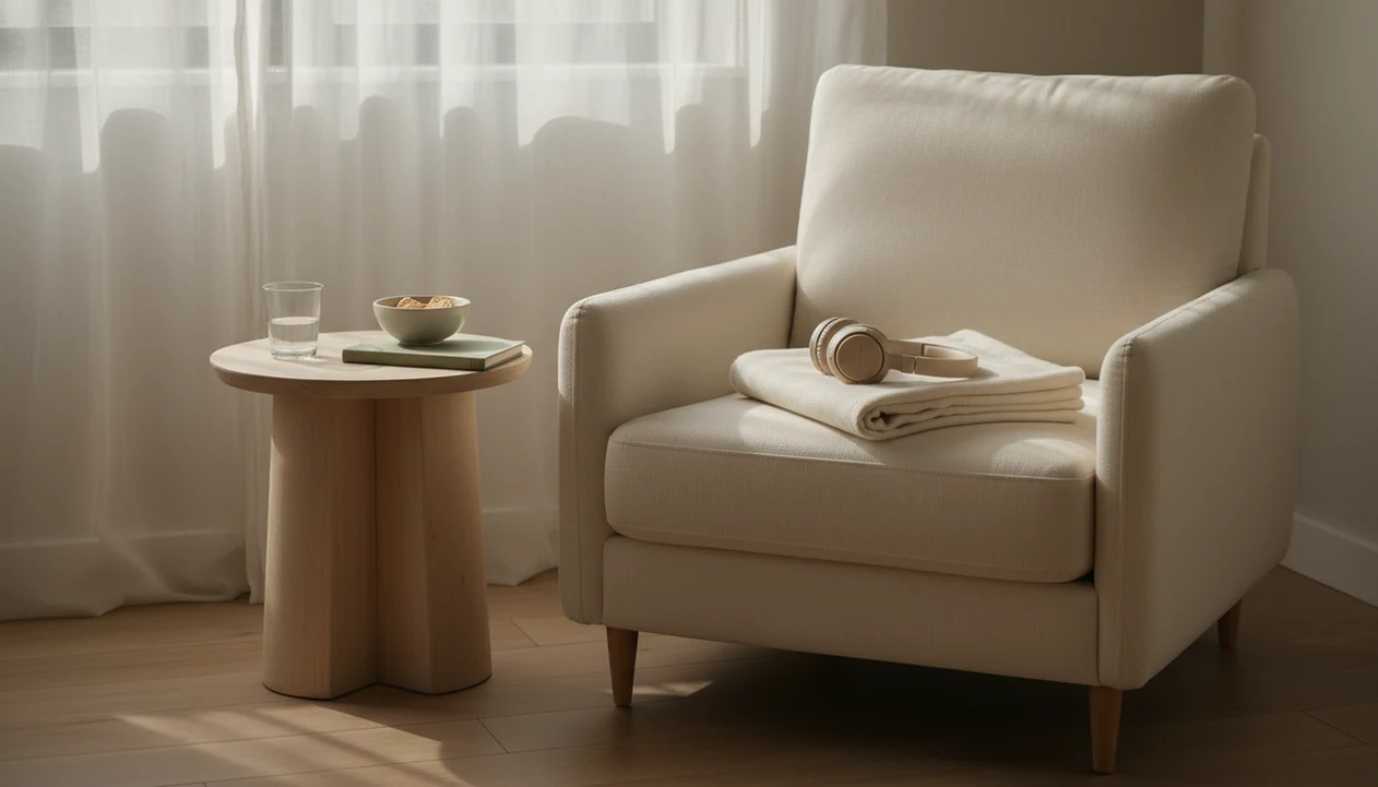 A calm bedroom chair with headphones, water, crackers, and a soft blanket for pregnancy comfort.