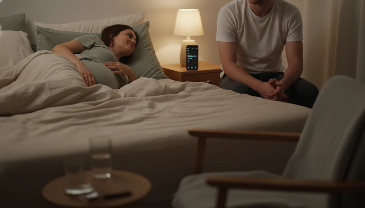 An expecting couple shares a calm guided meditation routine beside a softly lit bed at night.