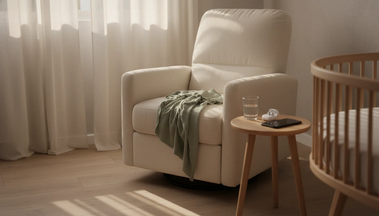 A quiet nursery corner with a chair, bassinet, bedside phone with a downloaded calm track.