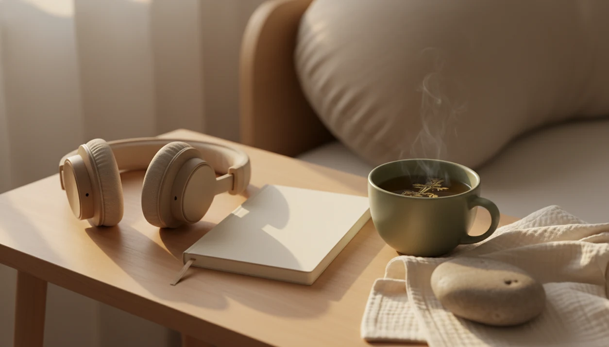 A calm bedside still life with headphones, a blank notebook, tea, and soft pregnancy comfort items.