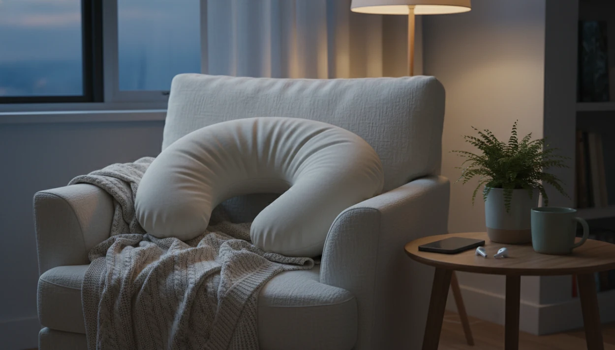 A quiet chair with a pregnancy pillow, blanket, phone, soft lamp and phone beside the bed.