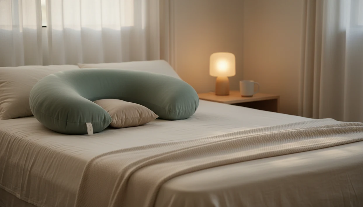 A quiet bedroom with pillows arranged for a supported pregnancy body scan meditation.