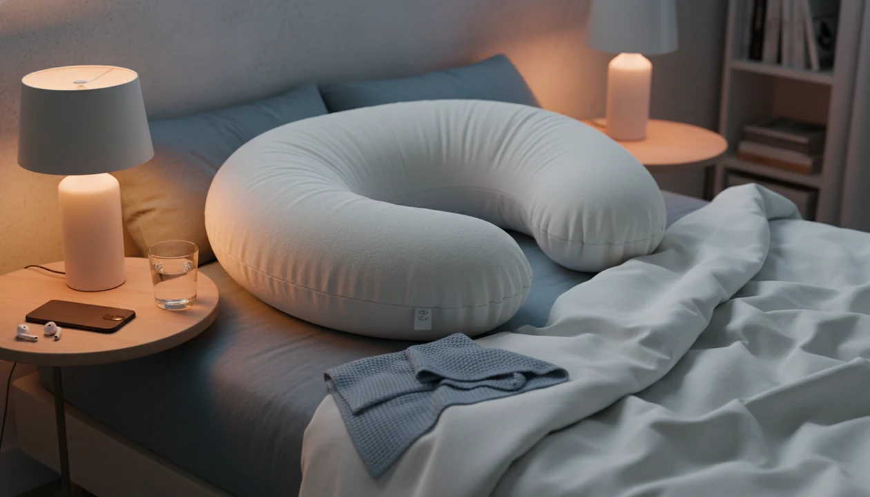 A calm bedside setup with a pregnancy pillow, phone, phone on the nightstand with sleep audio ready.