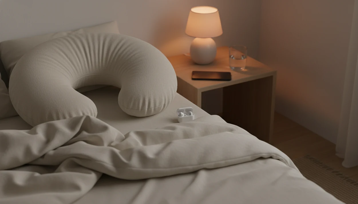 A calm bedside setup with a pregnancy pillow, dim lamp, low light, blanket, and phone for guided audio.