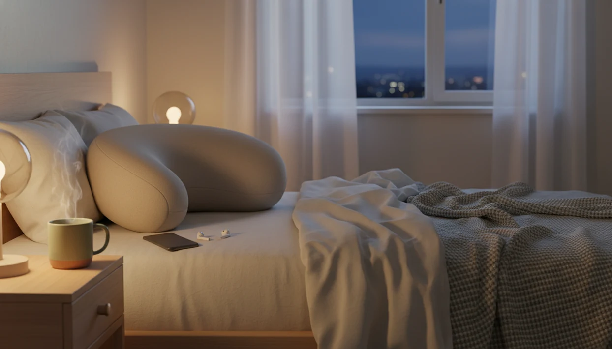 A calm bedroom scene with a pregnancy pillow, speaker and dim light on the bedside table.