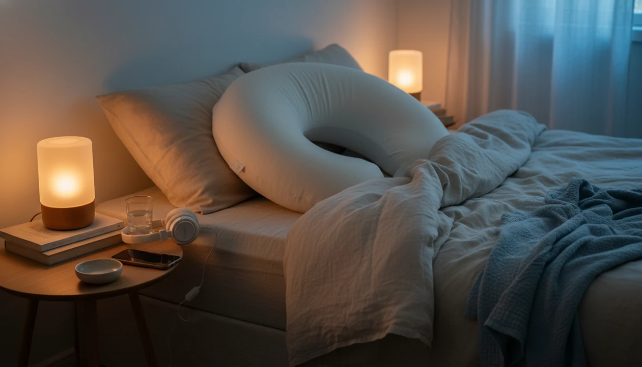 A quiet bedside setup with a pregnancy pillow, headphones, water, and warm low light for meditation.