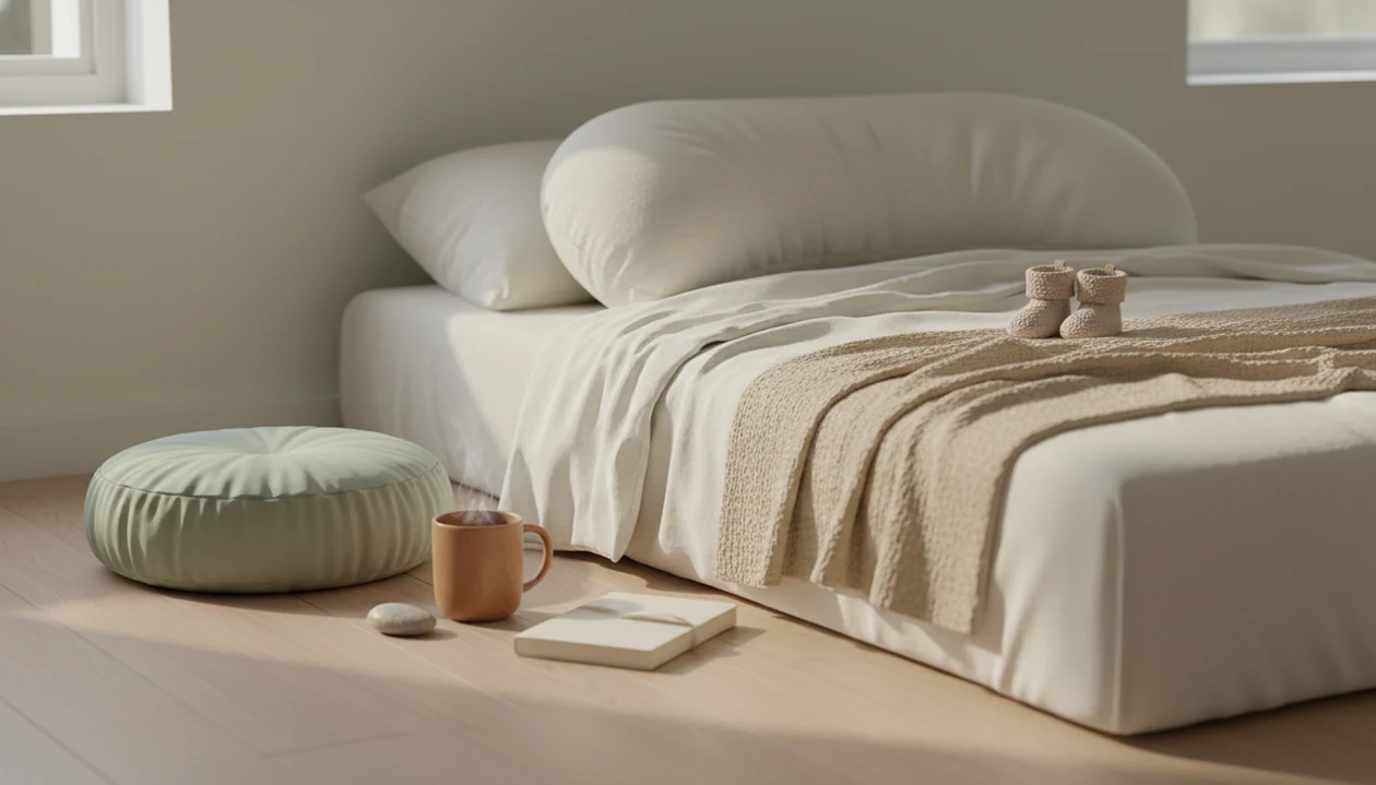 A calm bedroom still life with a pregnancy pillow, baby booties, journal, and meditation cushion.