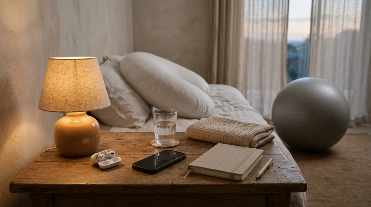 A calm bedside setup with earbuds, water, blanket, and prenatal items for pregnancy relaxation practice.