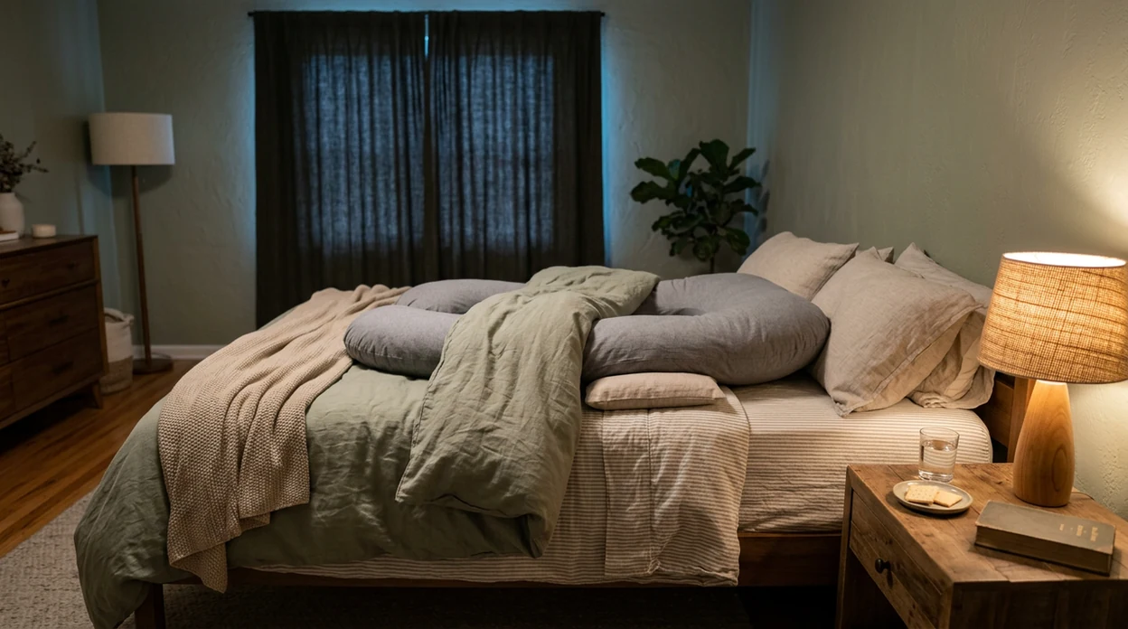 A calm bedroom set up with a pregnancy pillow, water, crackers, and soft lighting for better sleep.