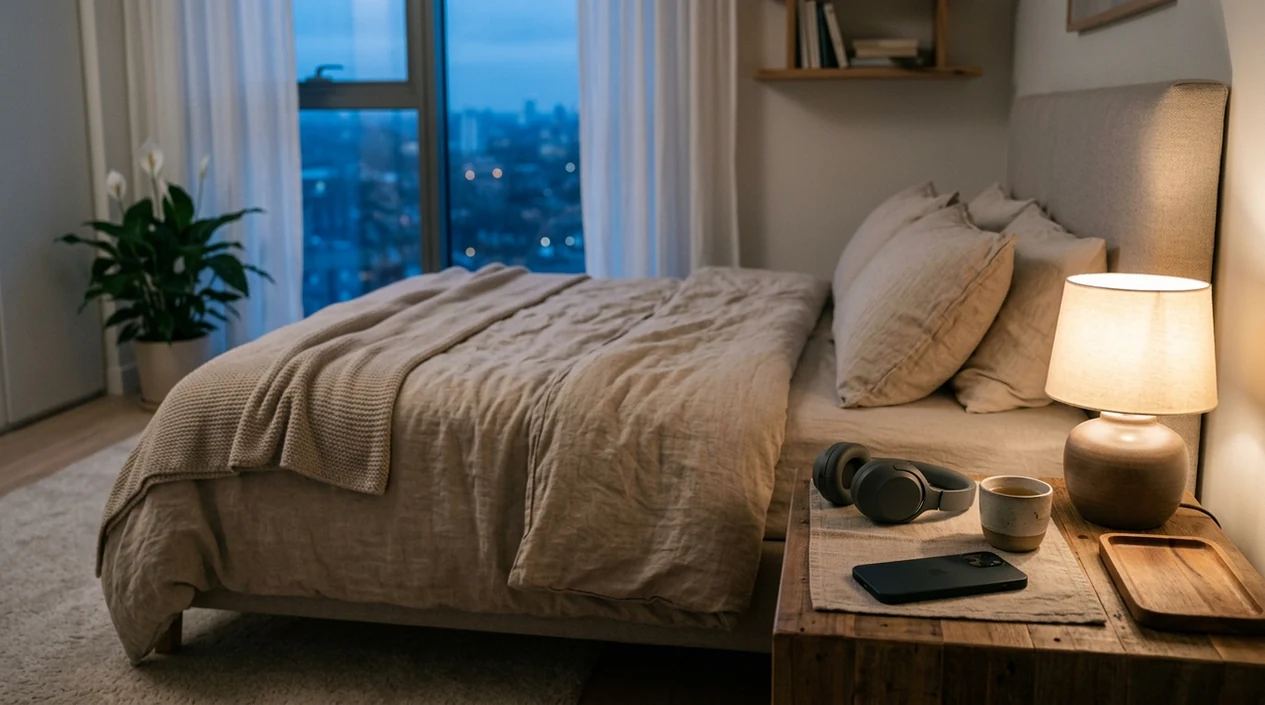 A quiet bedside setup with headphones, tea, and soft evening light for guided stress relief meditation.