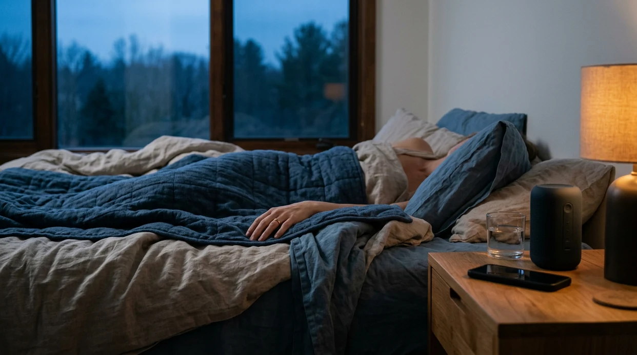 A calm bedside scene with soft music, warm light, and a resting body under linen sheets.