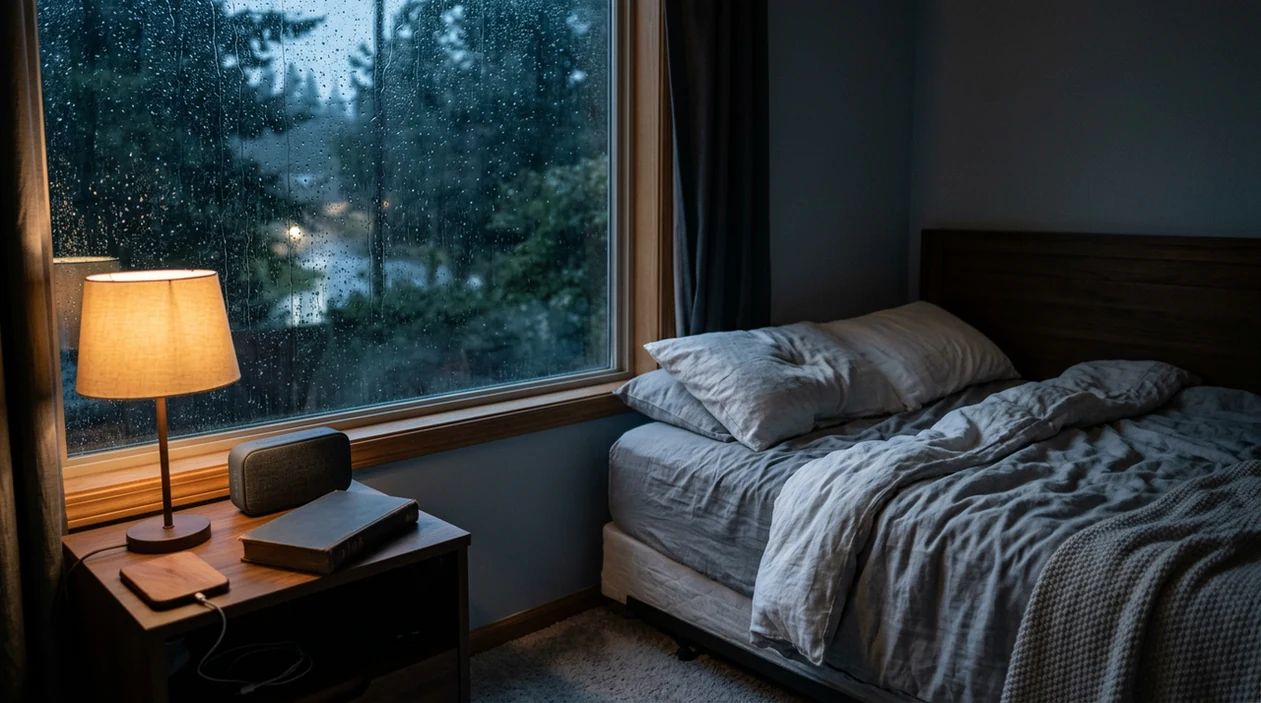 A quiet bedroom with rain on the window and a small speaker playing calming nature sounds.