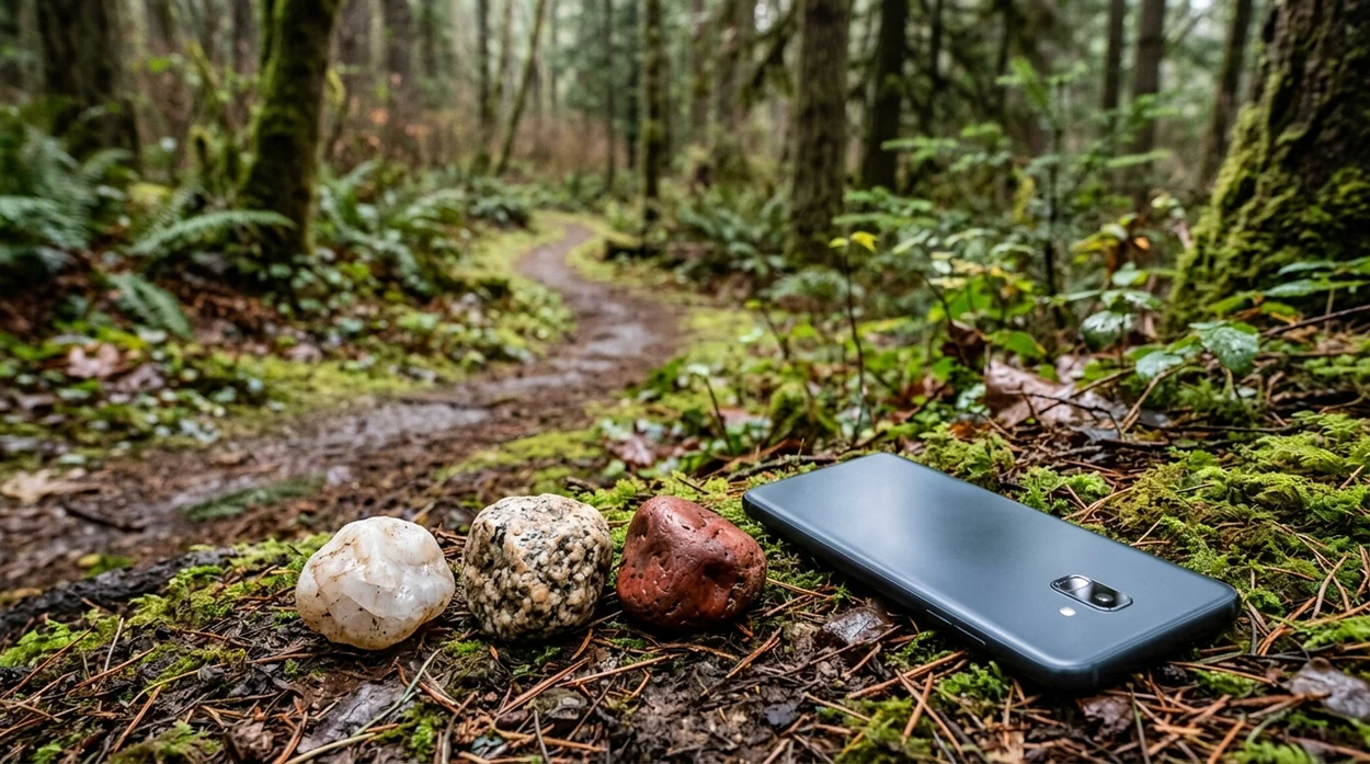 Natural stones and a dark smartphone rest beside a mossy trail during a quiet outdoor walk.