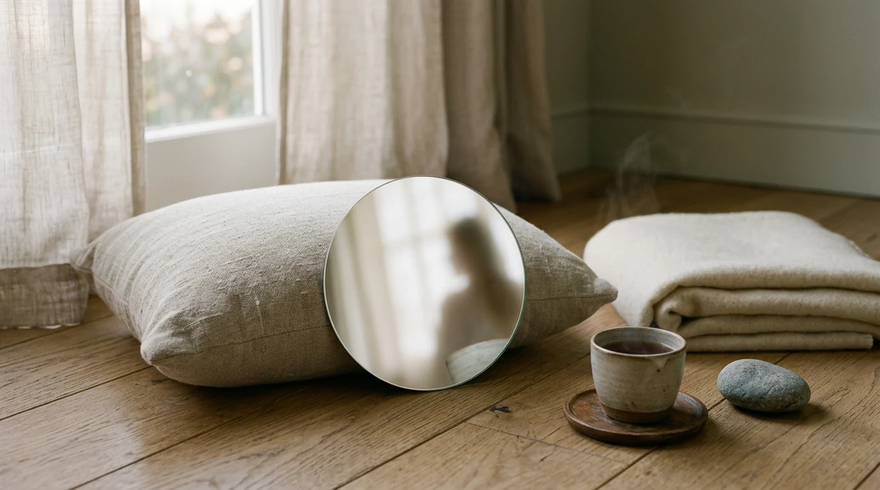 A quiet meditation corner with a mirror, cushion, blanket, tea, and soft morning light.