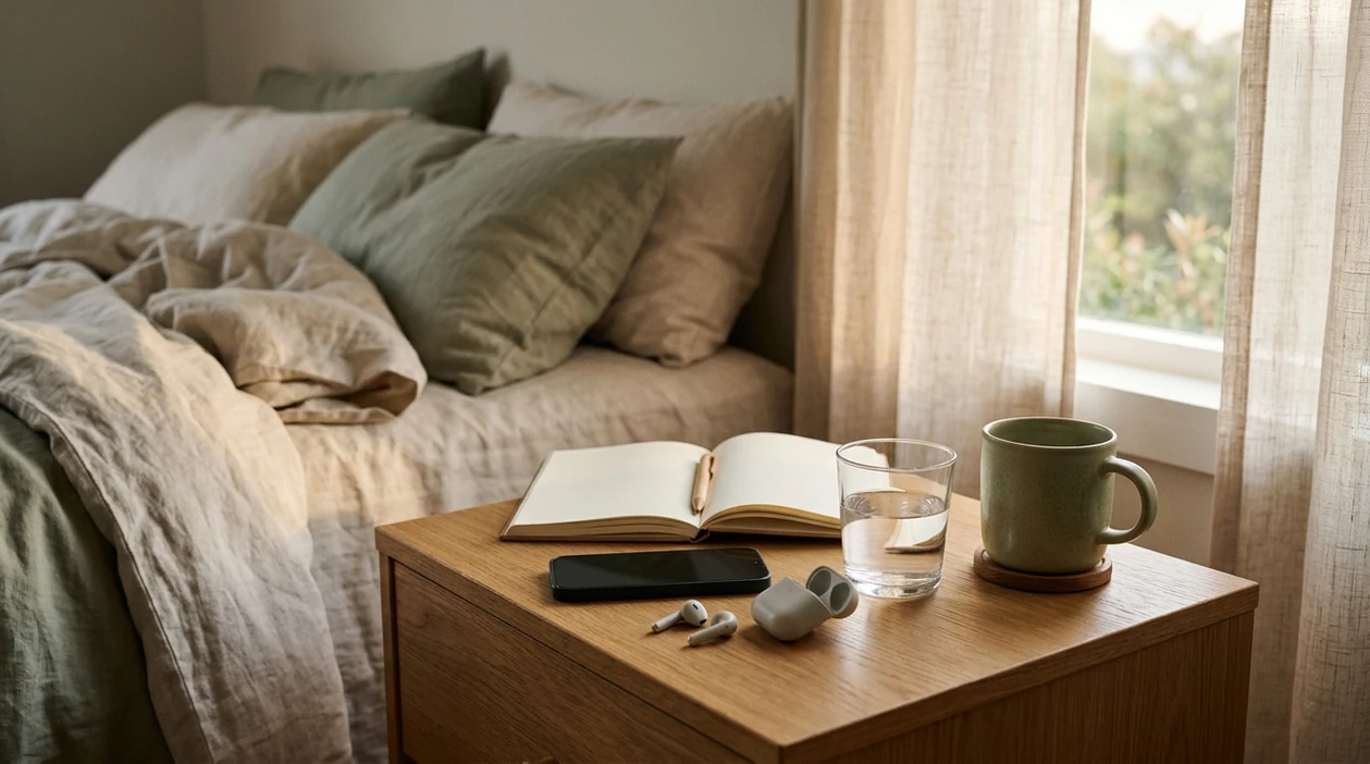 A calm bedside table with low light, blanket, and phone for guided audio.