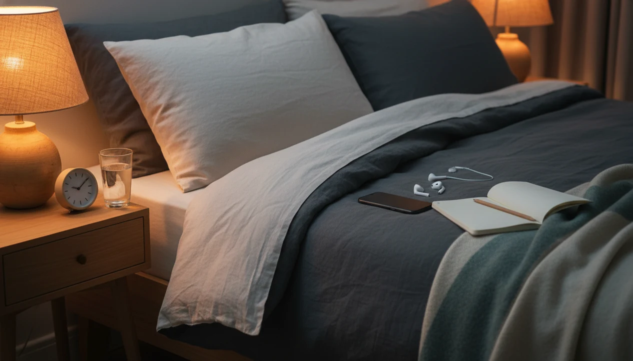 A calm bedside setup with dim light, sleep mask and phone on the nightstand.