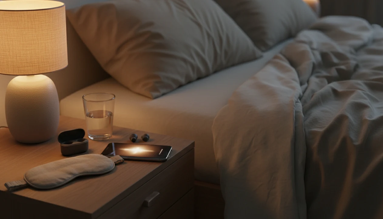 A phone, soft lamp and phone beside the bed.