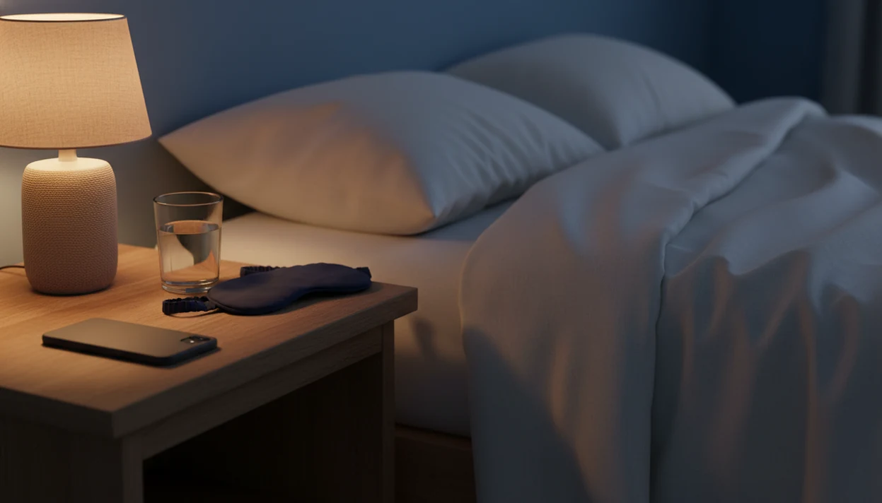 A dim bedside setup with a face-down phone, speaker, lamp, water glass, and soft bedding.