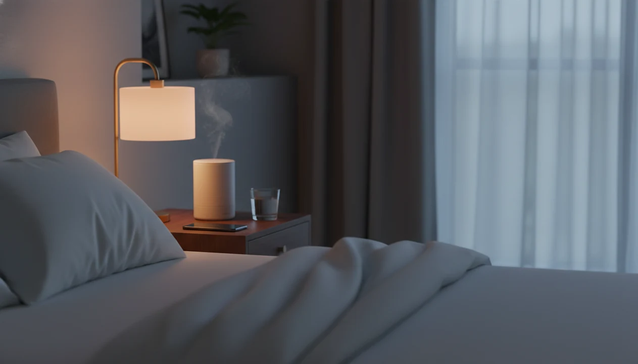 A quiet bedside setup with dim light, linens, and a phone placed face down for a calm sleep routine.