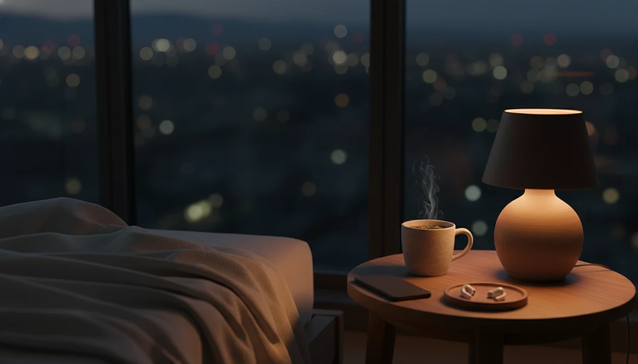 A calm nighttime bedside scene with speaker and dim light on the bedside table.