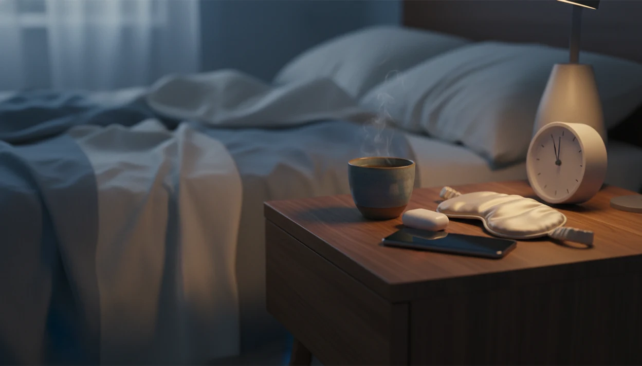A quiet bedside table with sleep audio items, tea, and soft lighting for a calm bedtime routine.