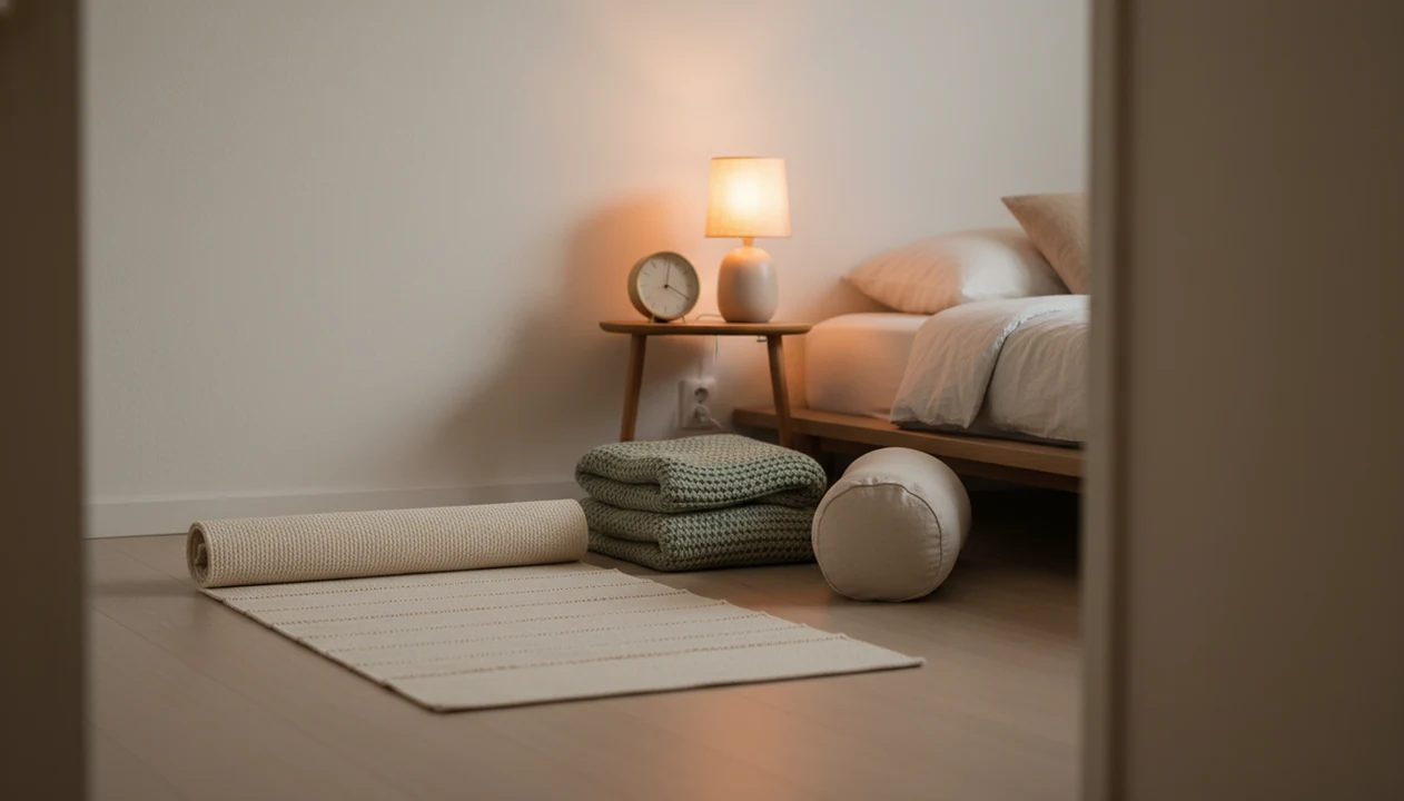 A calm bedroom corner with a yoga mat, blanket, bolster, and warm lamp set up for bedtime movement.