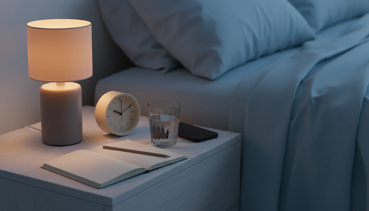 A quiet bedside nightstand with a blank notebook, face-down phone, lamp, and water for a sleep routine.