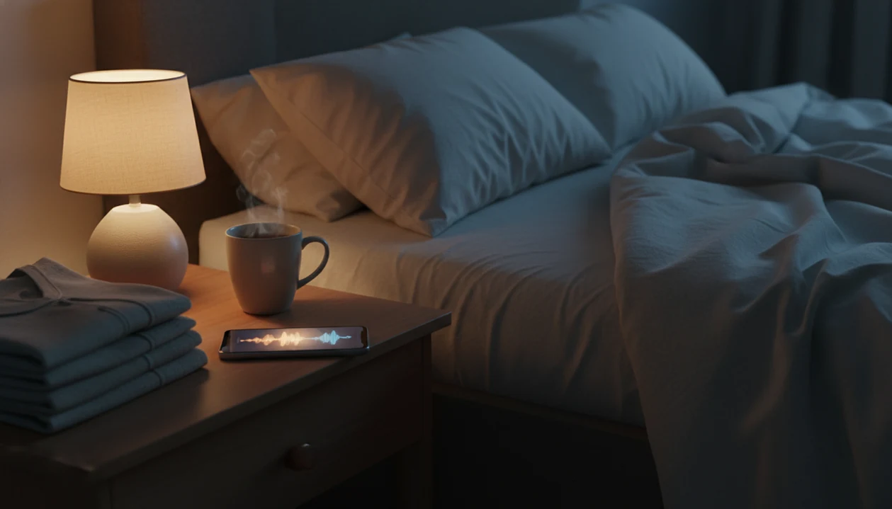A quiet bedside table with a phone, warm lamp, tea, and soft bedding prepared for nighttime meditation.