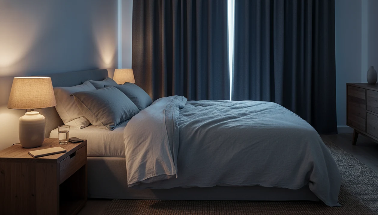 A quiet, dim bedroom set up for sleep with curtains closed, soft bedding, and a phone face down.