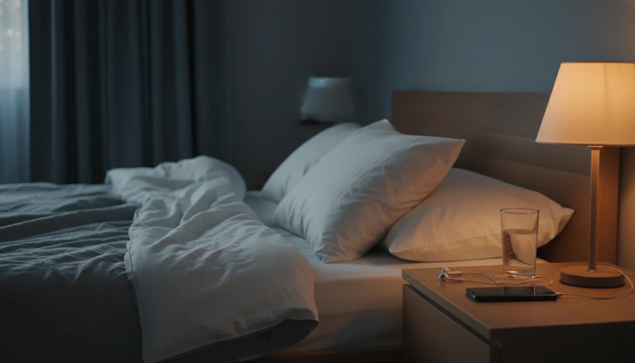 A dim bedroom nightstand with a face-down phone and bedside phone with a downloaded calm track.