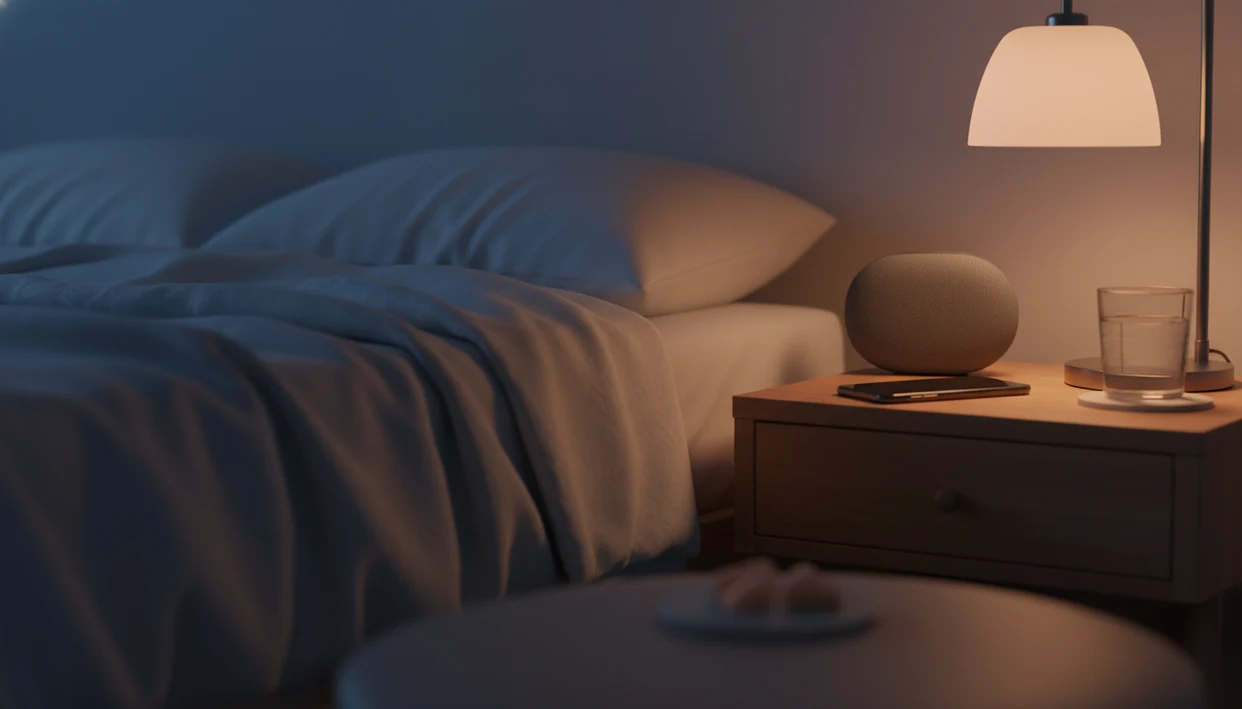 A quiet bedside setup with soft lighting, a face-down phone, speaker, blanket, water, and earplugs.